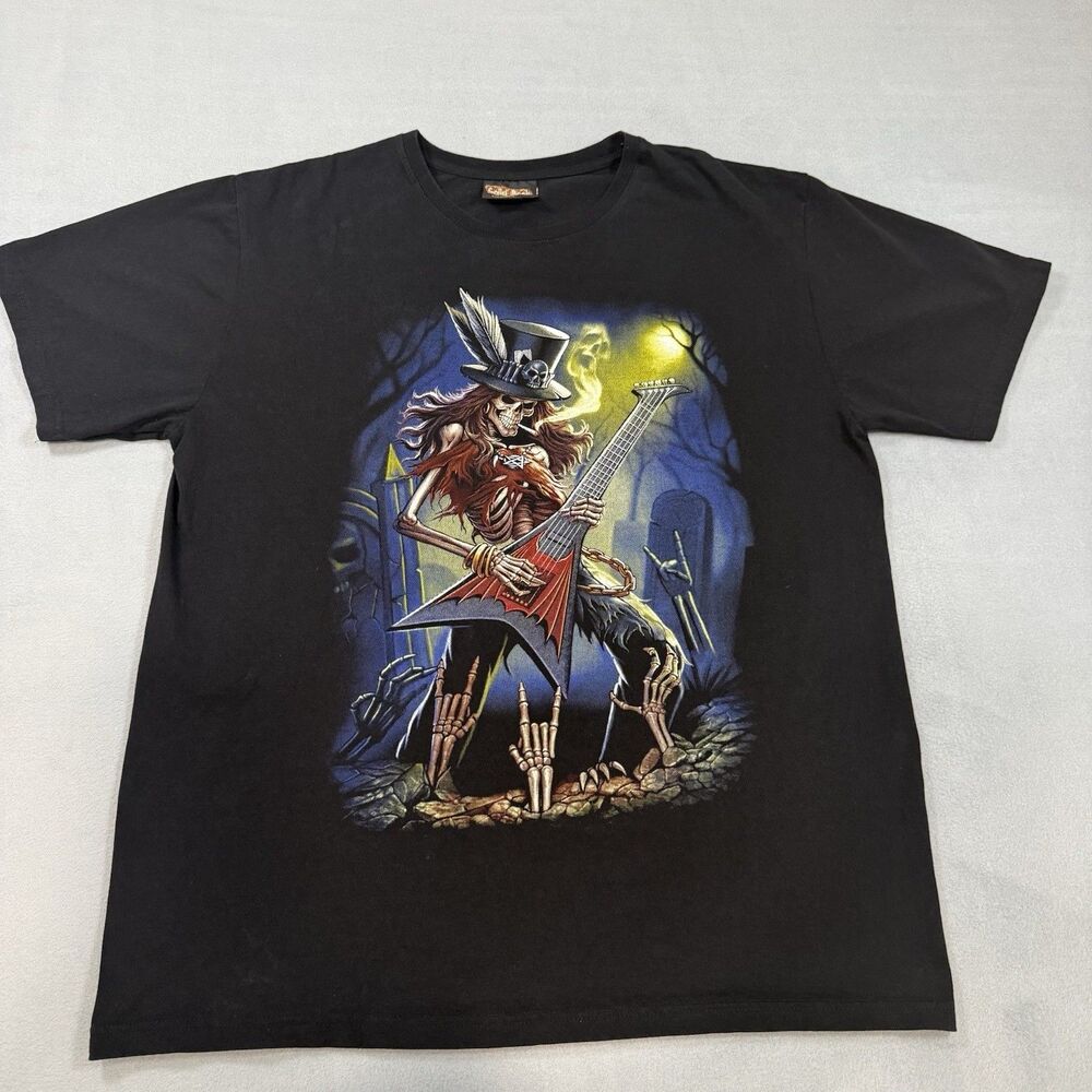 Solid Rock Skeleton Guitar Player Graphic T-Shirt Mens XL Black Graveyard Rock